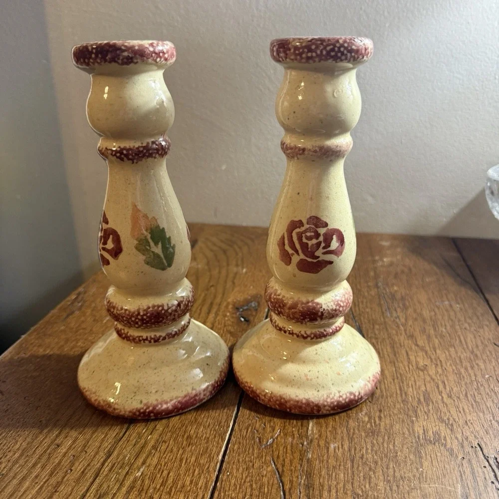 Spongeware Candlesticks Cream with Burgundy Roses